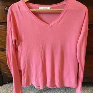 LOFT V-Neck Cotton Sweater in Pink, Size S